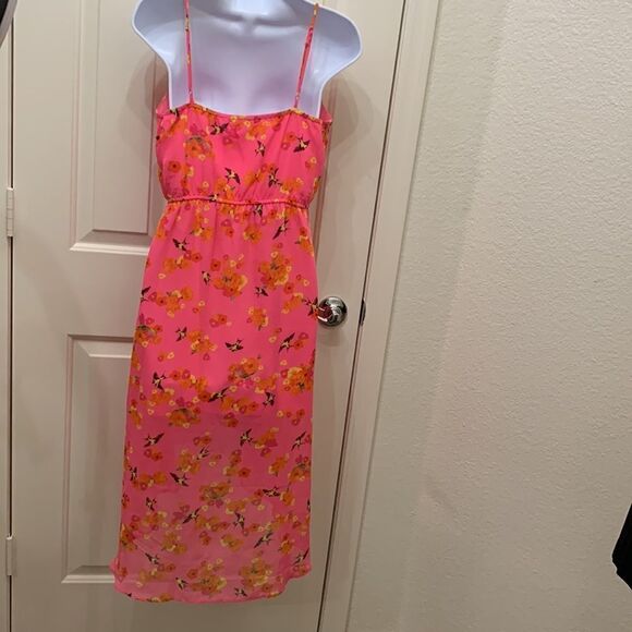 Free Bird Medium Pink Scoop Neck Spaghetti Straps Hi Lo Hem Birds Flowers Dress - Picture 7 of 8